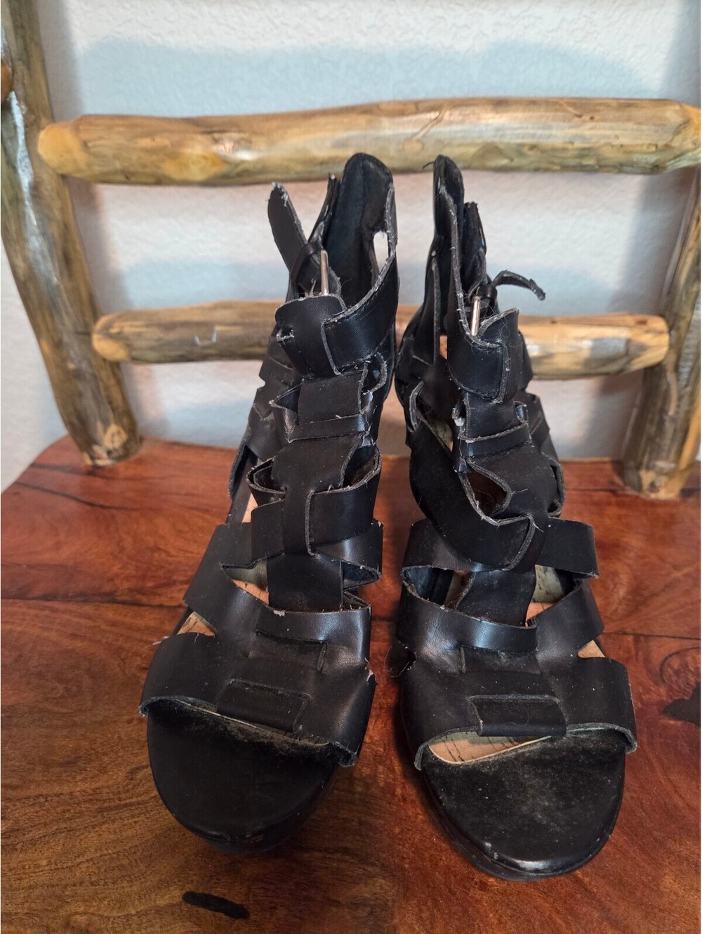 Guess Black Strappy Caged High Heel Wedge Sandals with Back Zipper, 6.5